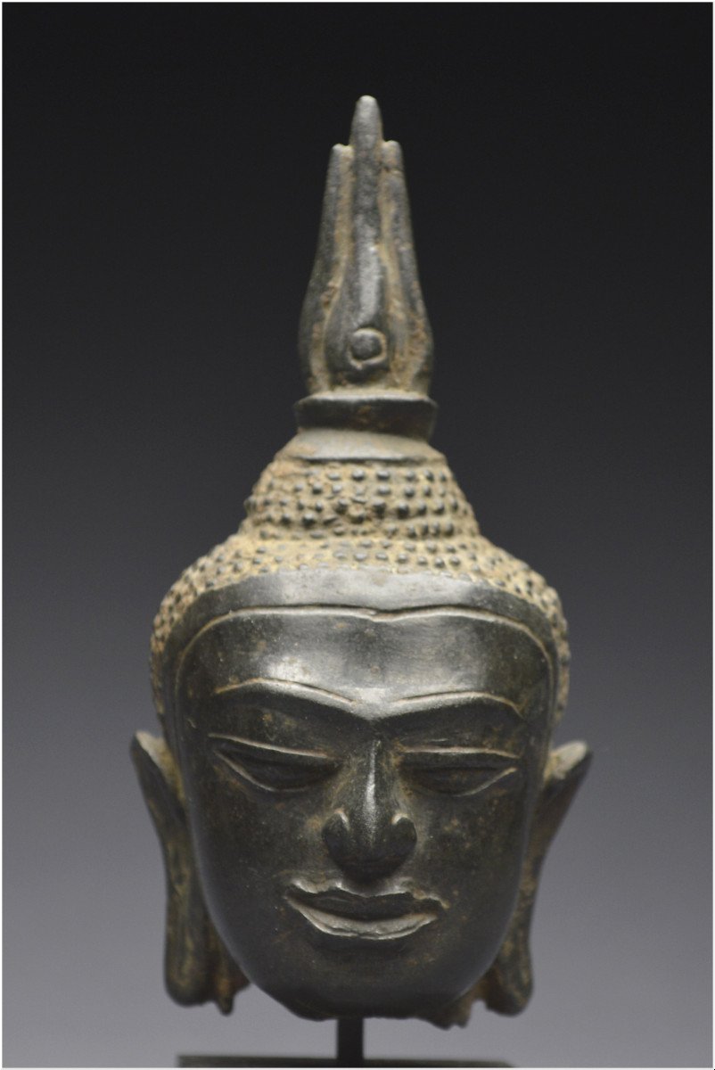 Kingdom Of Siam, 14th - 15th Century, U-thong Style, Small Bronze Buddha Head-photo-2