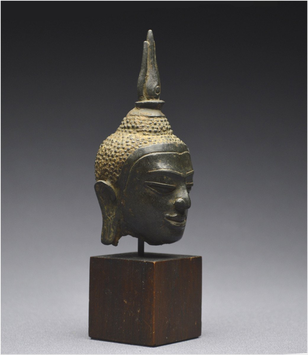 Kingdom Of Siam, 14th - 15th Century, U-thong Style, Small Bronze Buddha Head-photo-3