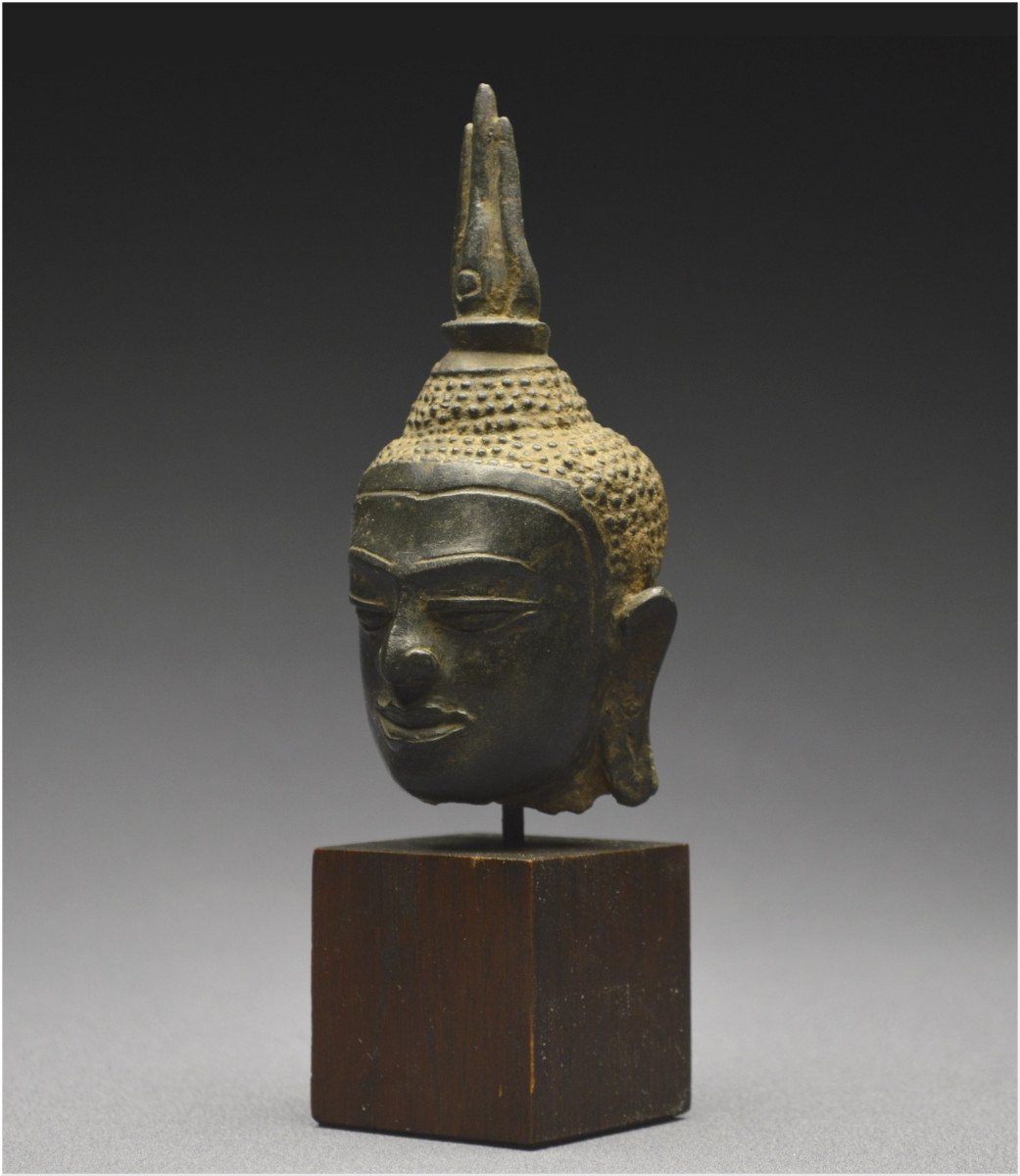 Kingdom Of Siam, 14th - 15th Century, U-thong Style, Small Bronze Buddha Head-photo-4