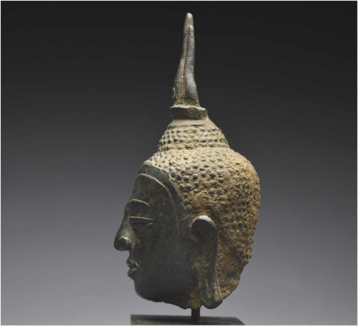 Kingdom Of Siam, 14th - 15th Century, U-thong Style, Small Bronze Buddha Head-photo-7
