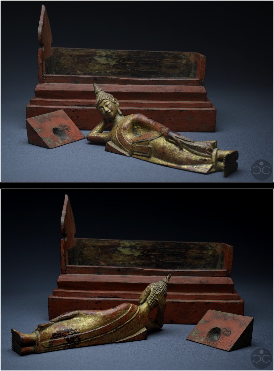Ancien Royaume de Siam, XIXème siècle, Représentation de Bouddha couché en bois laqué et doré-photo-6