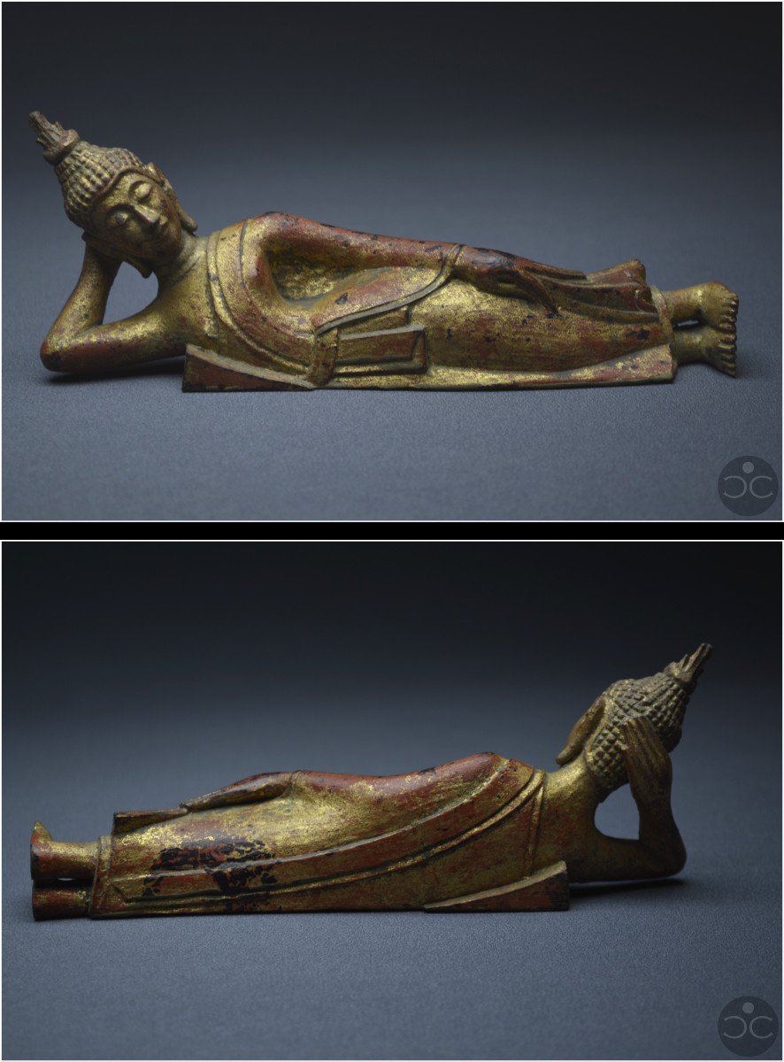 Ancien Royaume de Siam, XIXème siècle, Représentation de Bouddha couché en bois laqué et doré-photo-7