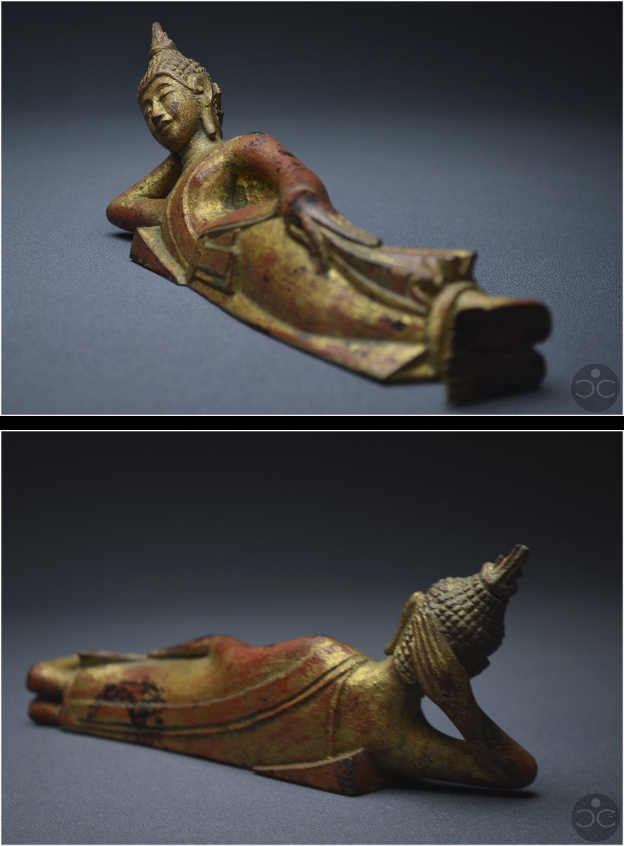 Ancien Royaume de Siam, XIXème siècle, Représentation de Bouddha couché en bois laqué et doré-photo-8