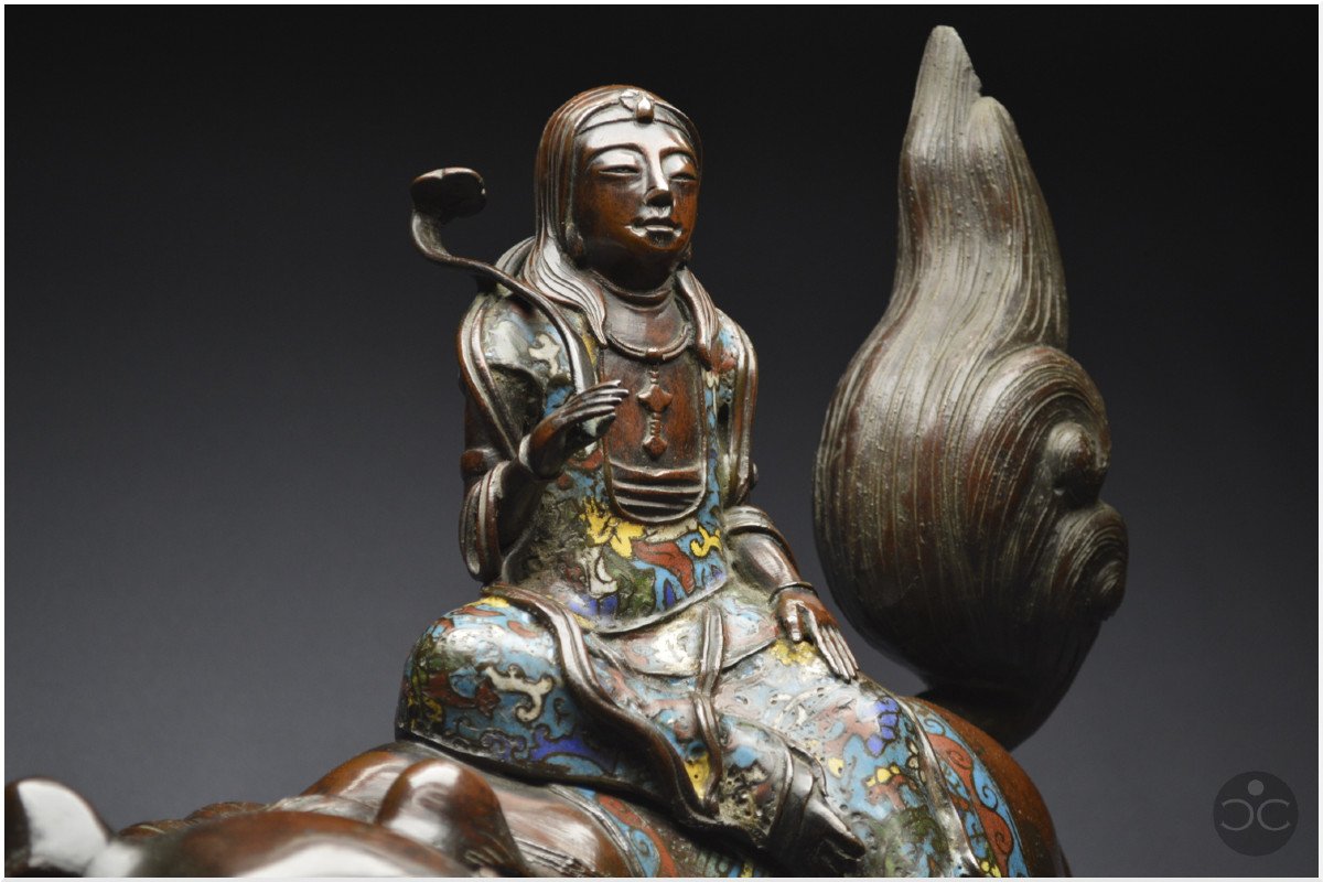 Japan, 19th Century, Important Group In Bronze And Cloisonné Enamels Representing The Bodhisattva Manjusri-photo-6