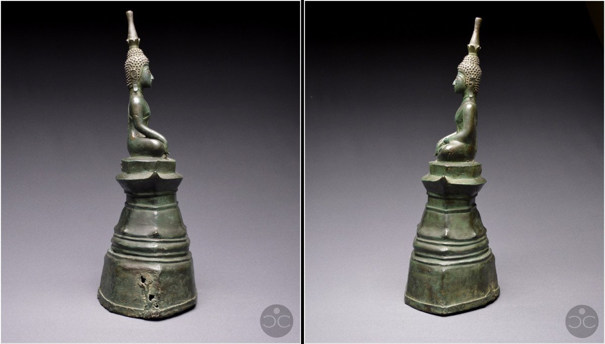 Laos, XVIIIème siècle, Important Bouddha Maravijaya en bronze à patine verte et incrustations d'argent-photo-4