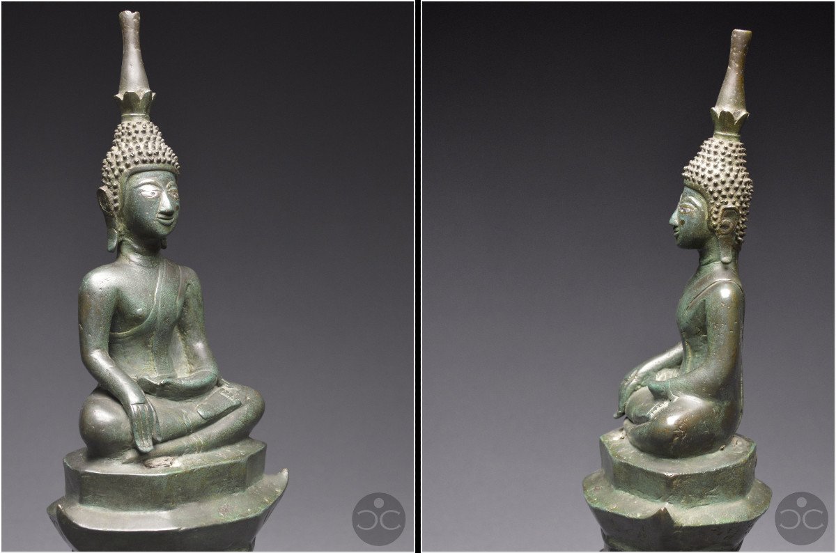 Laos, 18th Century, Important  Maravijaya Buddha In Bronze With Green Patina And Silver Inlays-photo-2