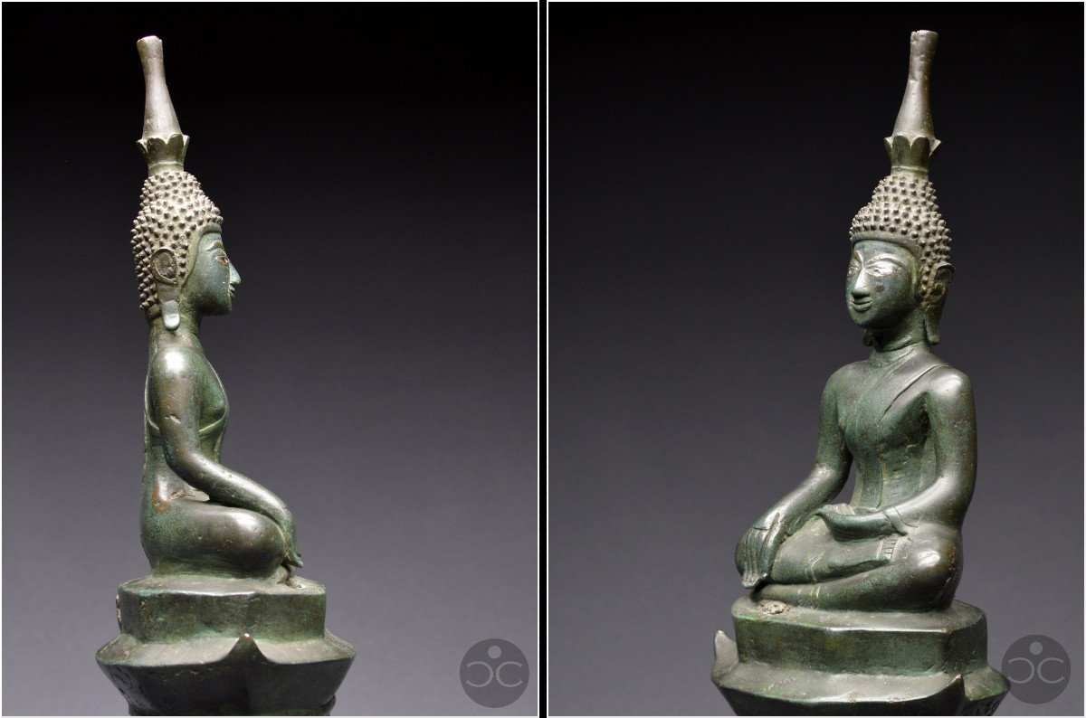 Laos, XVIIIème siècle, Important Bouddha Maravijaya en bronze à patine verte et incrustations d'argent-photo-3