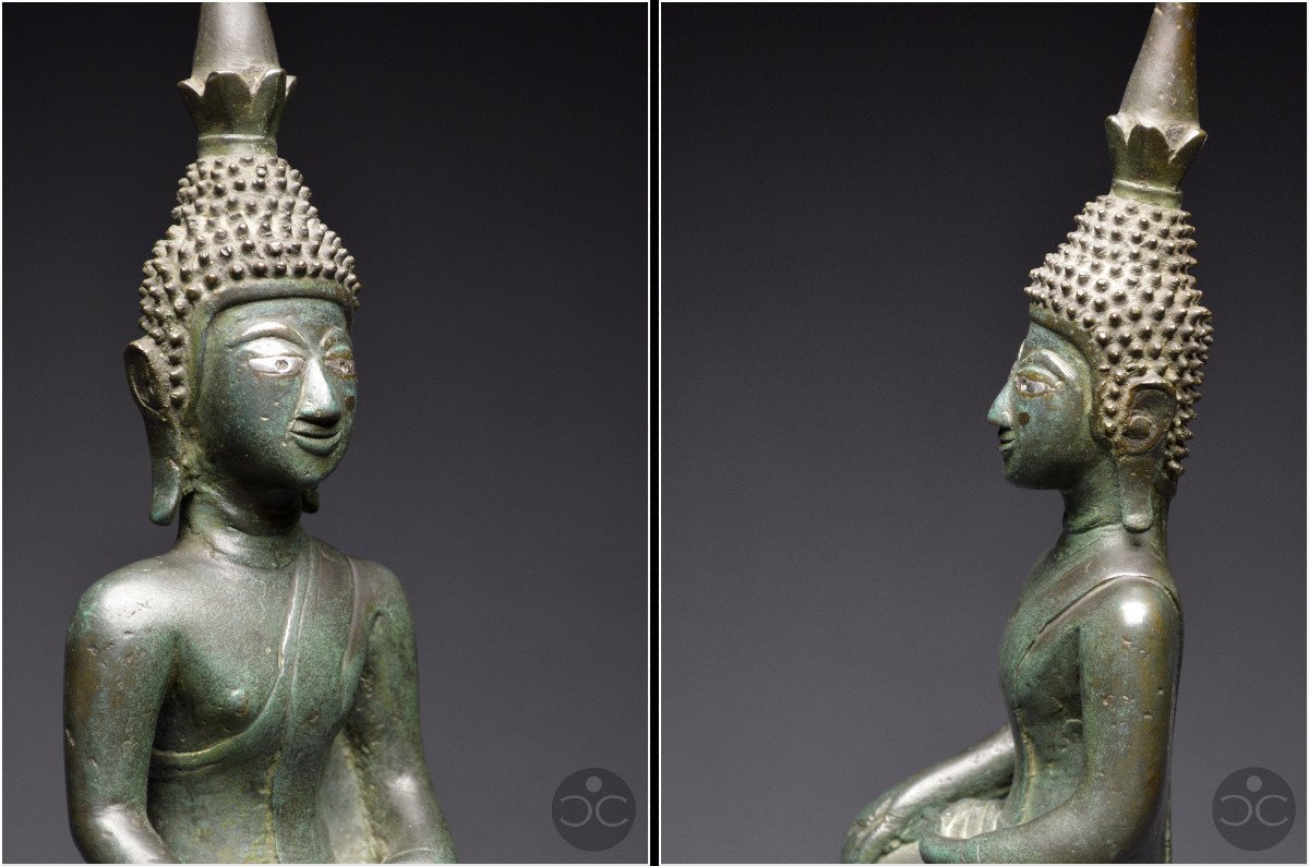 Laos, 18th Century, Important  Maravijaya Buddha In Bronze With Green Patina And Silver Inlays-photo-5