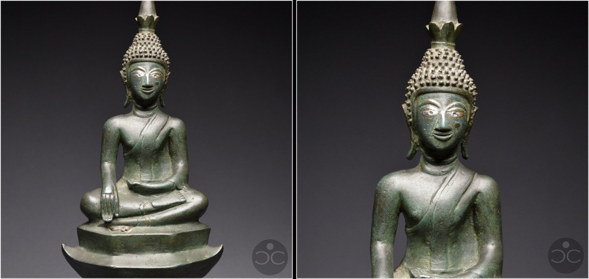 Laos, XVIIIème siècle, Important Bouddha Maravijaya en bronze à patine verte et incrustations d'argent-photo-4