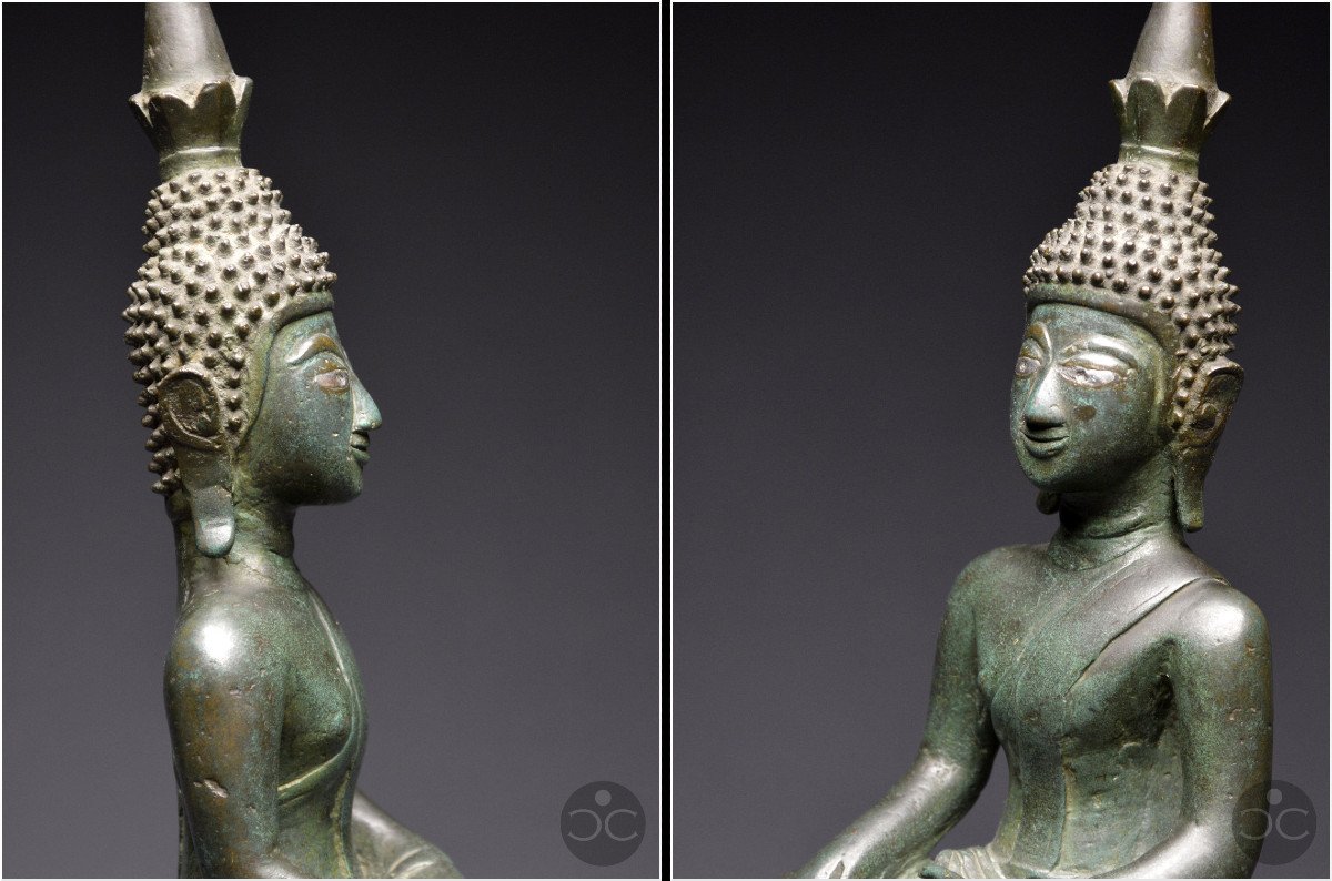 Laos, XVIIIème siècle, Important Bouddha Maravijaya en bronze à patine verte et incrustations d'argent-photo-6