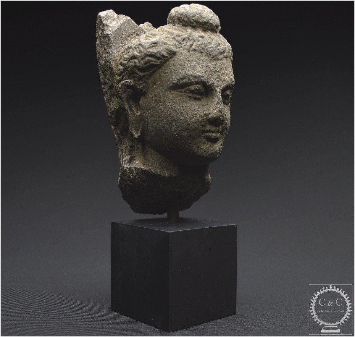 Ancienne région du Gandhara, IIème - IVème siècle ap J. -C., Tête de Bouddha en schiste gris-photo-4