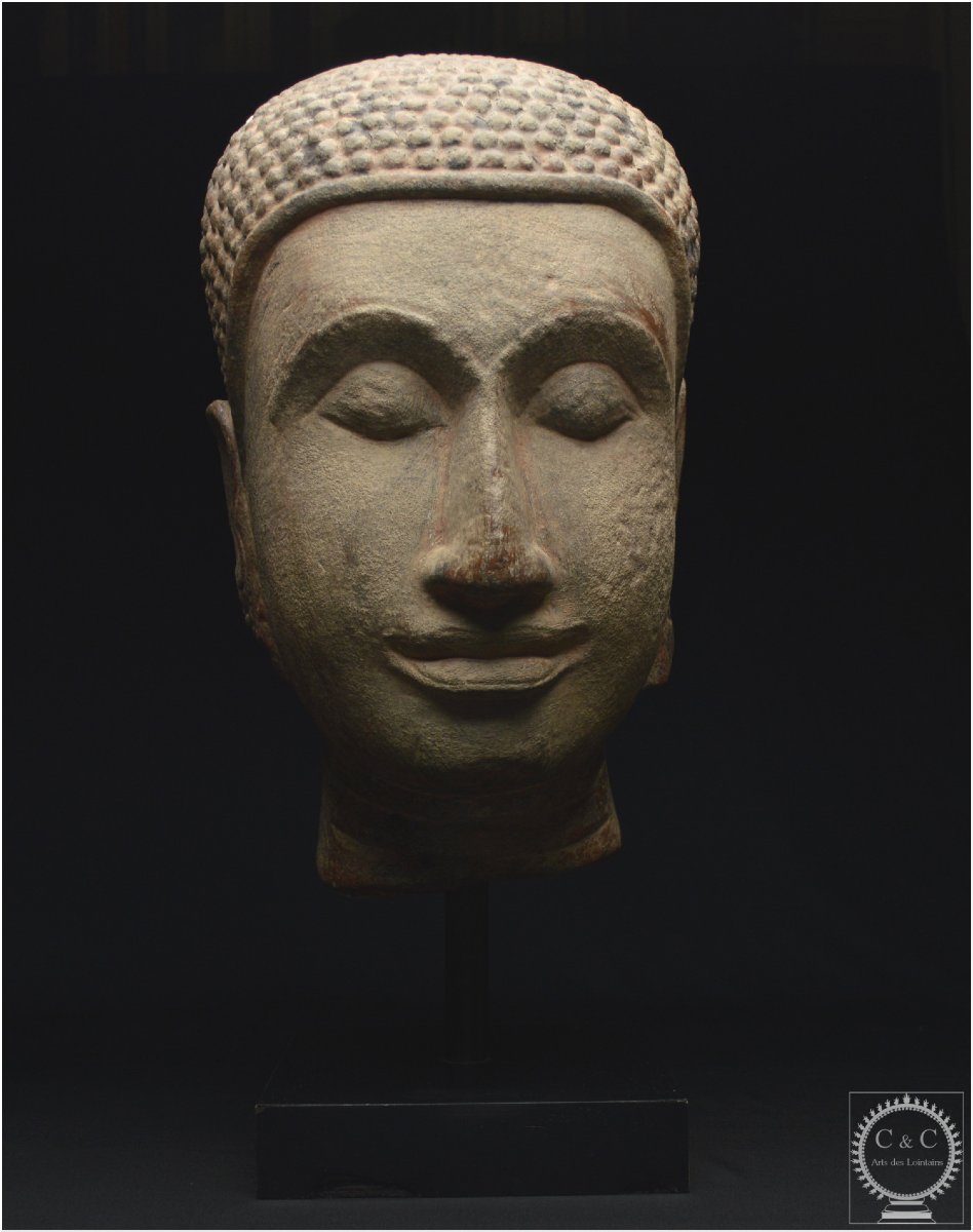 Ancien Royaume de Siam, École d’Ayutthaya, XVè -XVIè siècle, Grande tête de Bouddha en pierre-photo-2