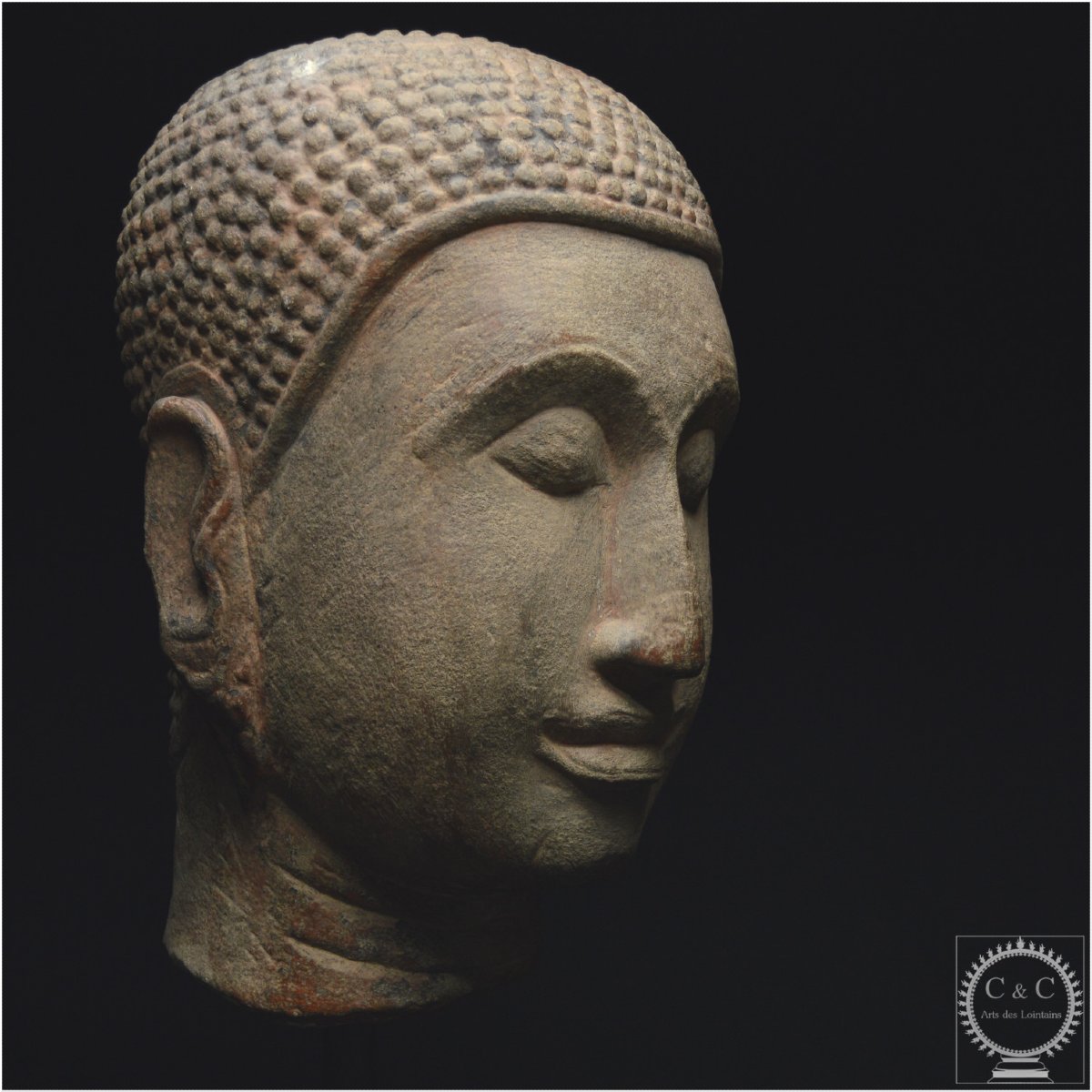 Ancien Royaume de Siam, École d’Ayutthaya, XVè -XVIè siècle, Grande tête de Bouddha en pierre-photo-3