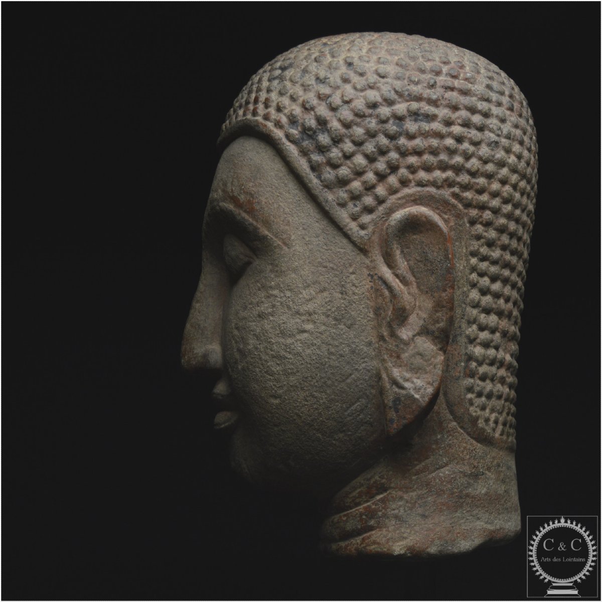 Ancien Royaume de Siam, École d’Ayutthaya, XVè -XVIè siècle, Grande tête de Bouddha en pierre-photo-4