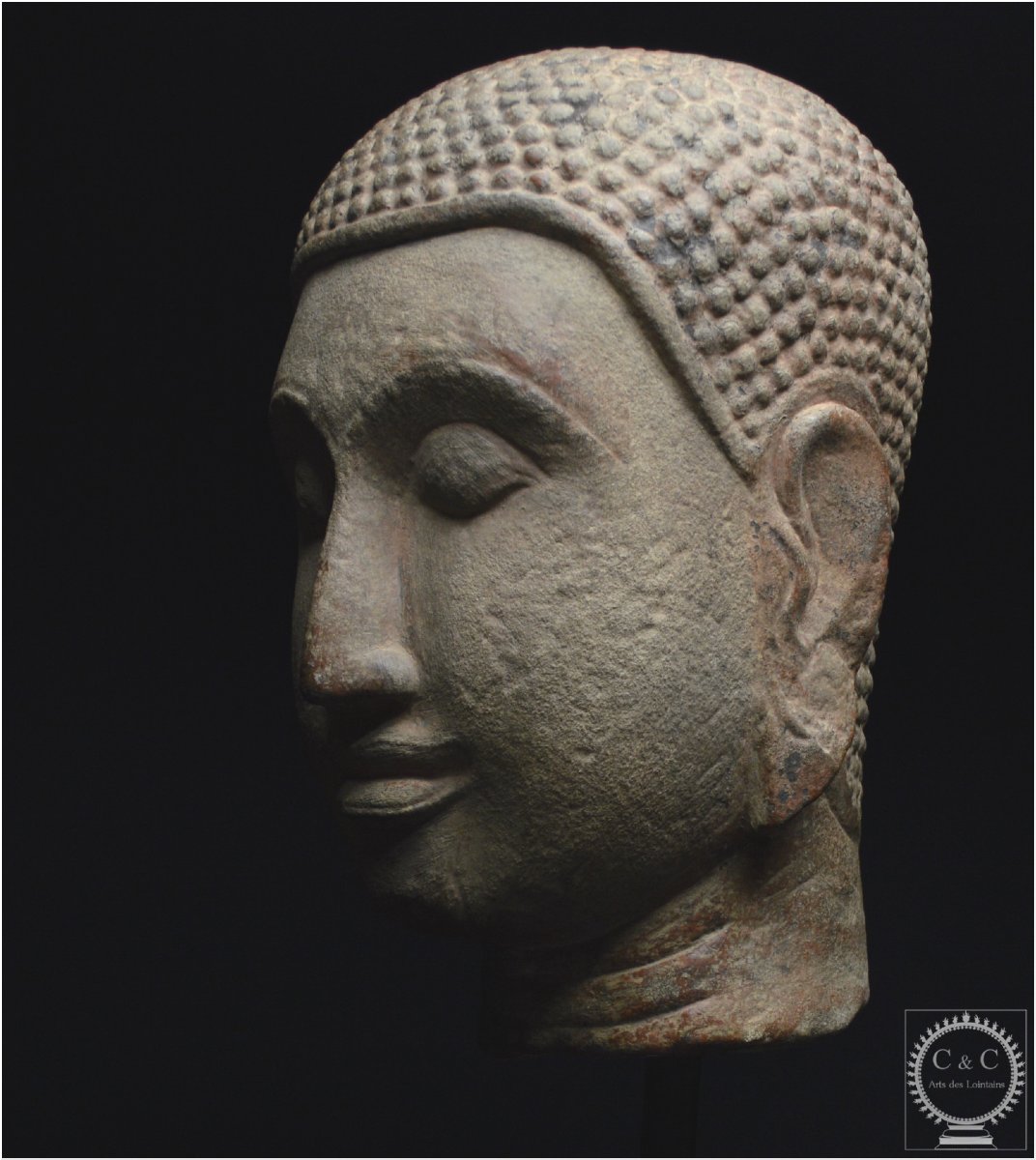 Ancien Royaume de Siam, École d’Ayutthaya, XVè -XVIè siècle, Grande tête de Bouddha en pierre-photo-7