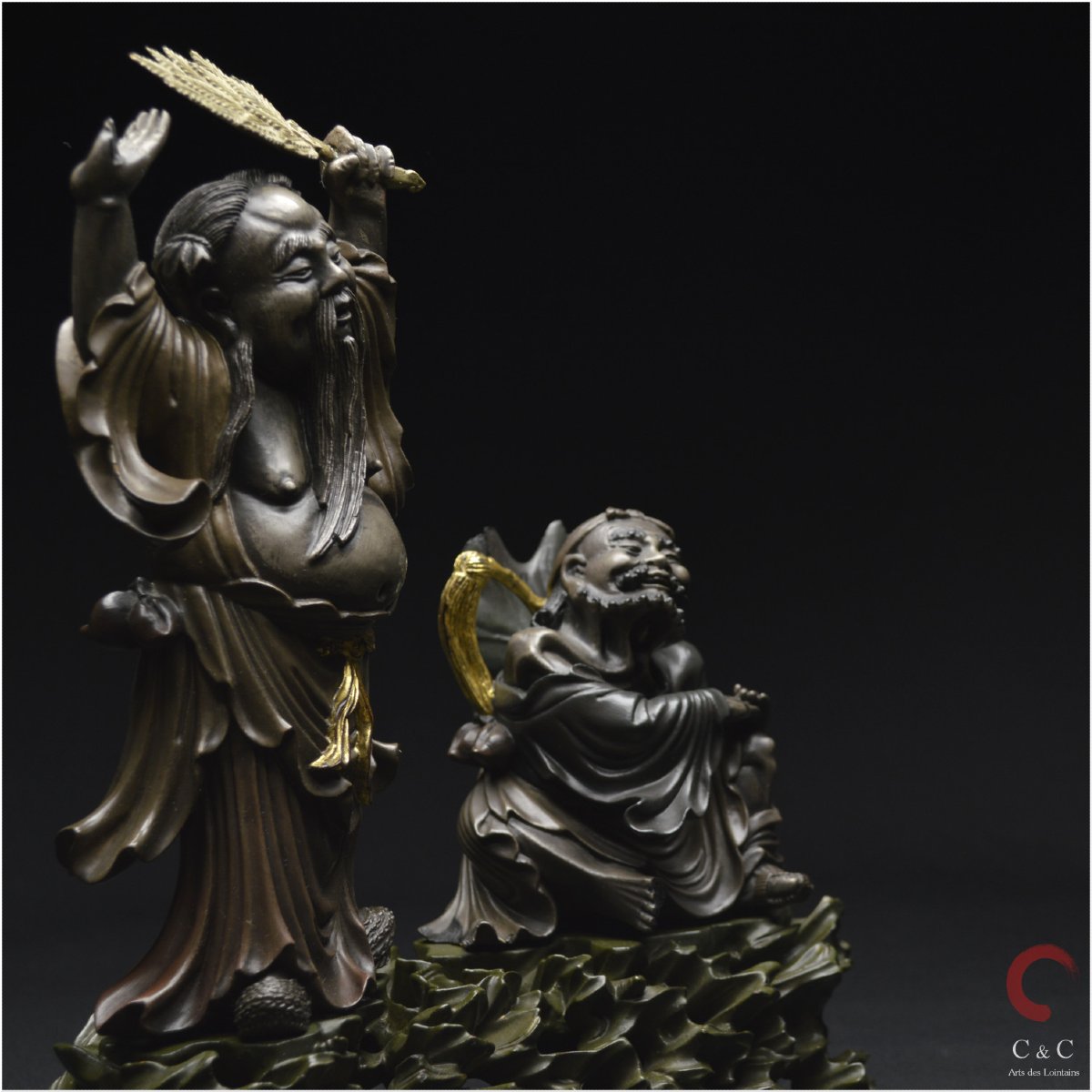 China, Qing Dynasty, 19th Century, Polychrome Lacquered Wooden Group Representing Two Immortals-photo-4