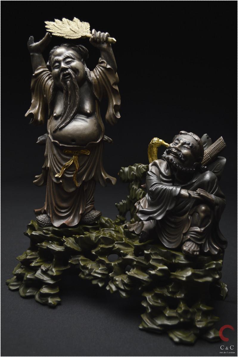 China, Qing Dynasty, 19th Century, Polychrome Lacquered Wooden Group Representing Two Immortals-photo-3