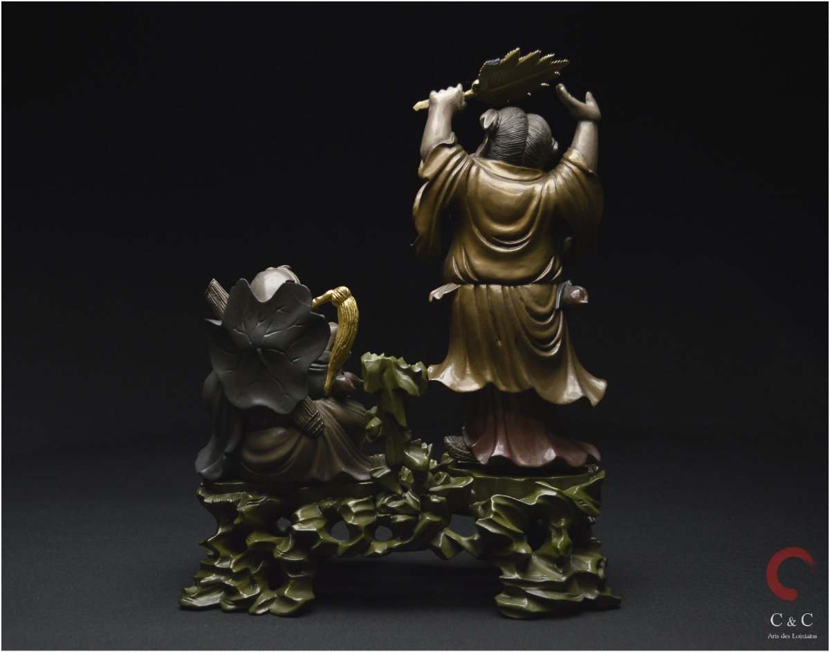 China, Qing Dynasty, 19th Century, Polychrome Lacquered Wooden Group Representing Two Immortals-photo-2