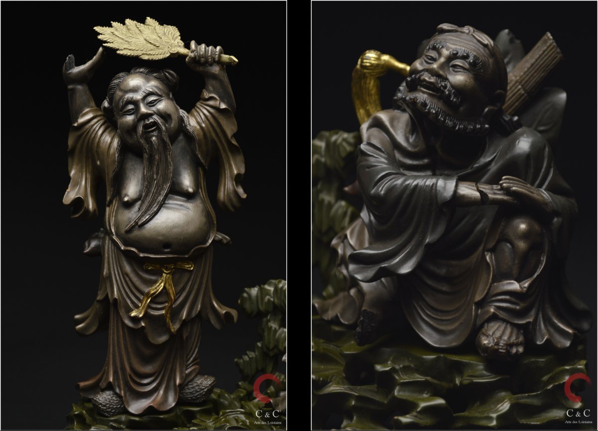 China, Qing Dynasty, 19th Century, Polychrome Lacquered Wooden Group Representing Two Immortals-photo-4