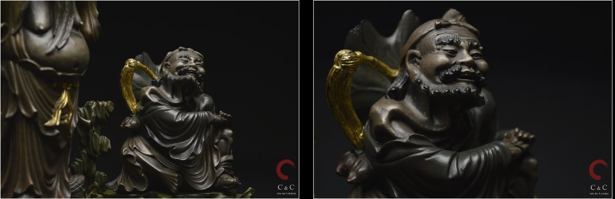 China, Qing Dynasty, 19th Century, Polychrome Lacquered Wooden Group Representing Two Immortals-photo-5