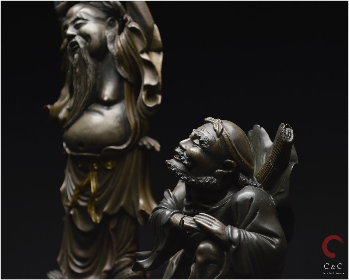 China, Qing Dynasty, 19th Century, Polychrome Lacquered Wooden Group Representing Two Immortals-photo-7
