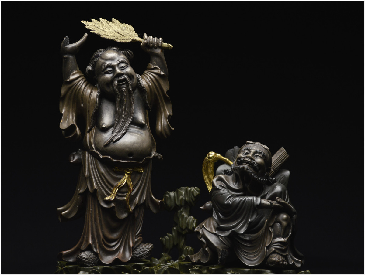 China, Qing Dynasty, 19th Century, Polychrome Lacquered Wooden Group Representing Two Immortals