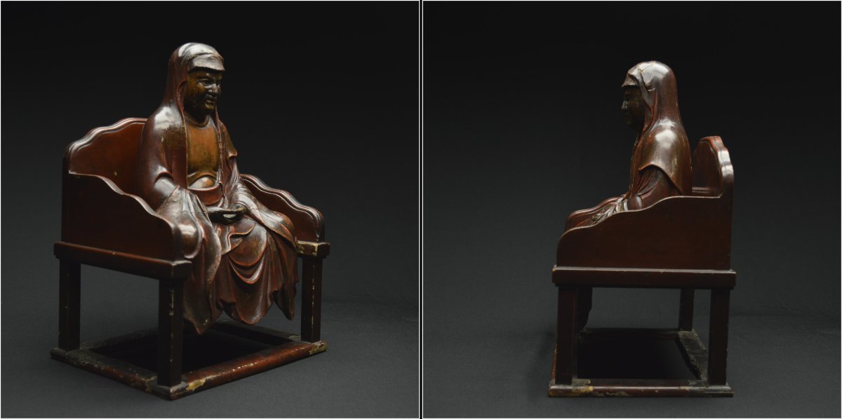Japon, Époque médiévale, XVème siècle, Groupe en bois laqué polychrome représentant Bodhidharma-photo-2