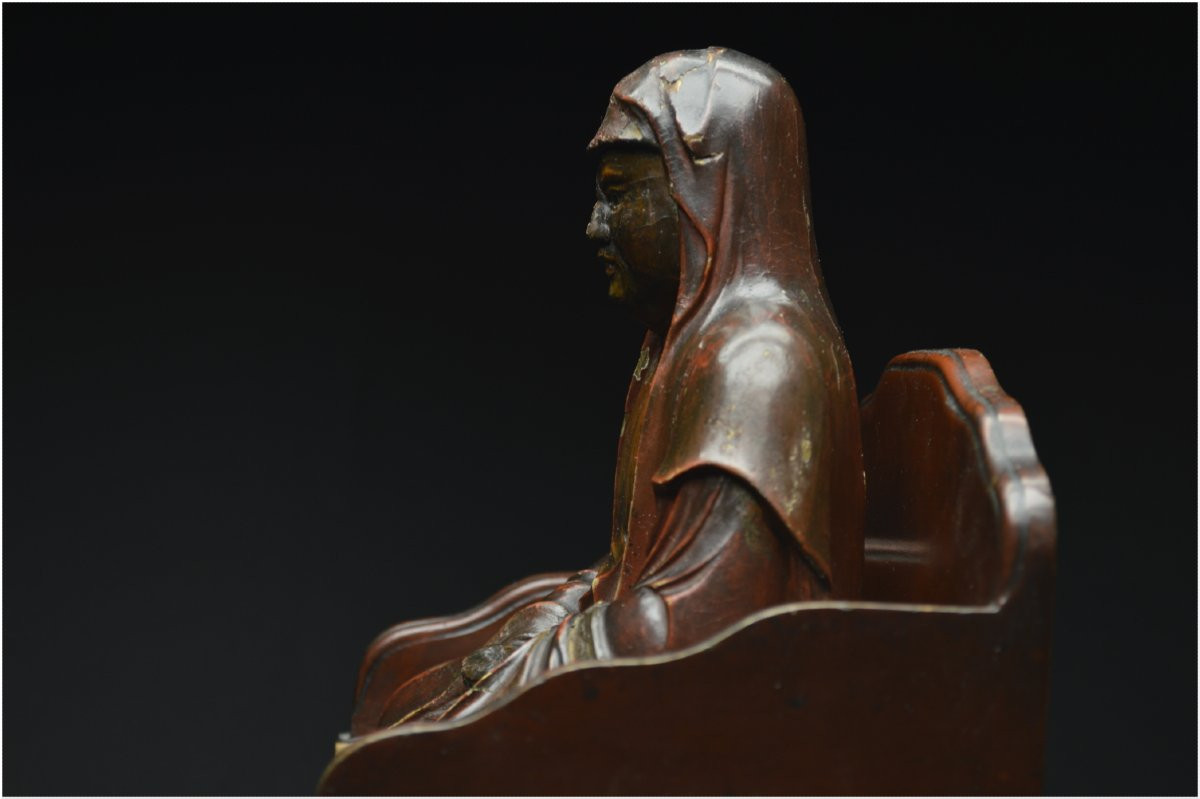 Japon, Époque médiévale, XVème siècle, Groupe en bois laqué polychrome représentant Bodhidharma-photo-4