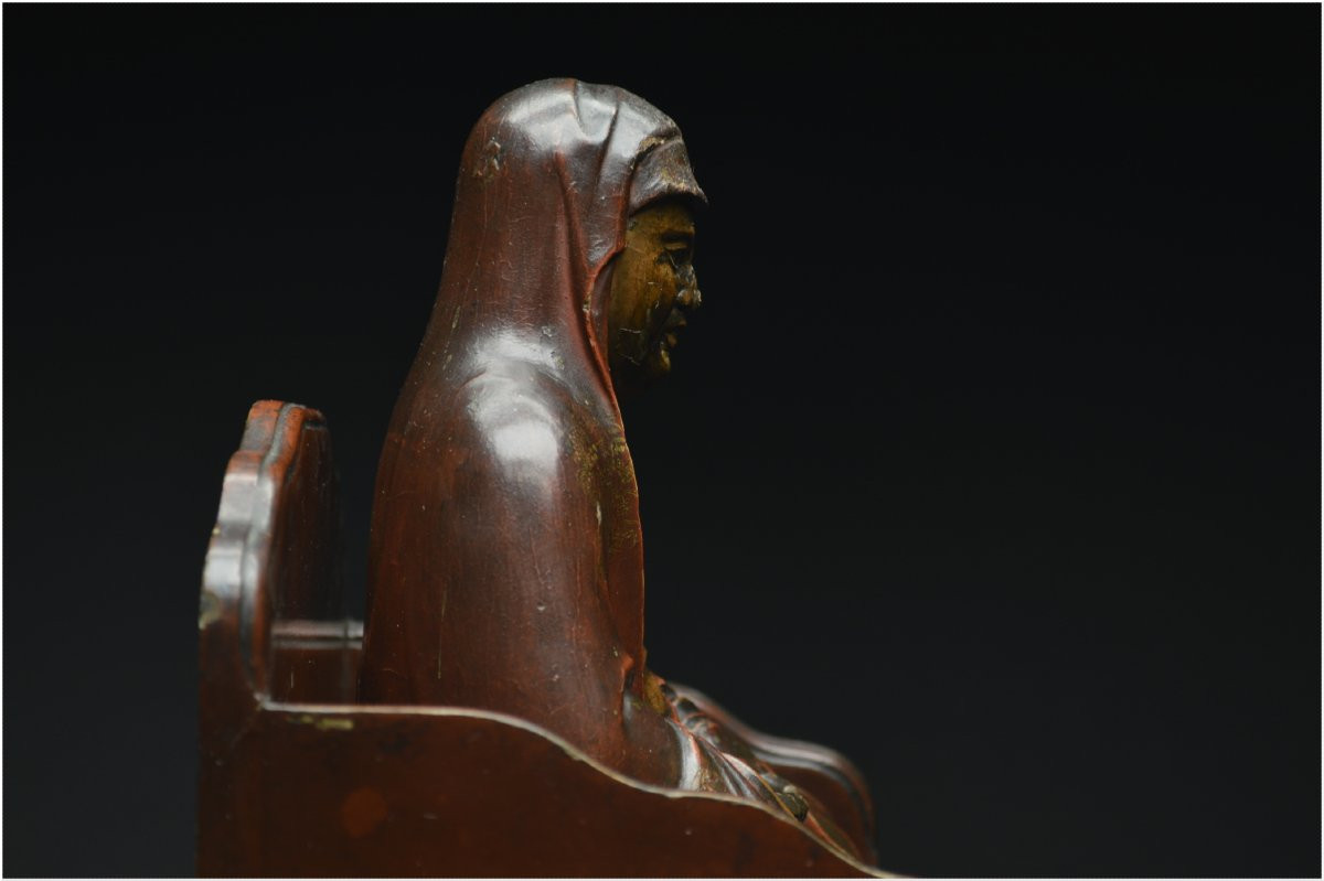 Japon, Époque médiévale, XVème siècle, Groupe en bois laqué polychrome représentant Bodhidharma-photo-7
