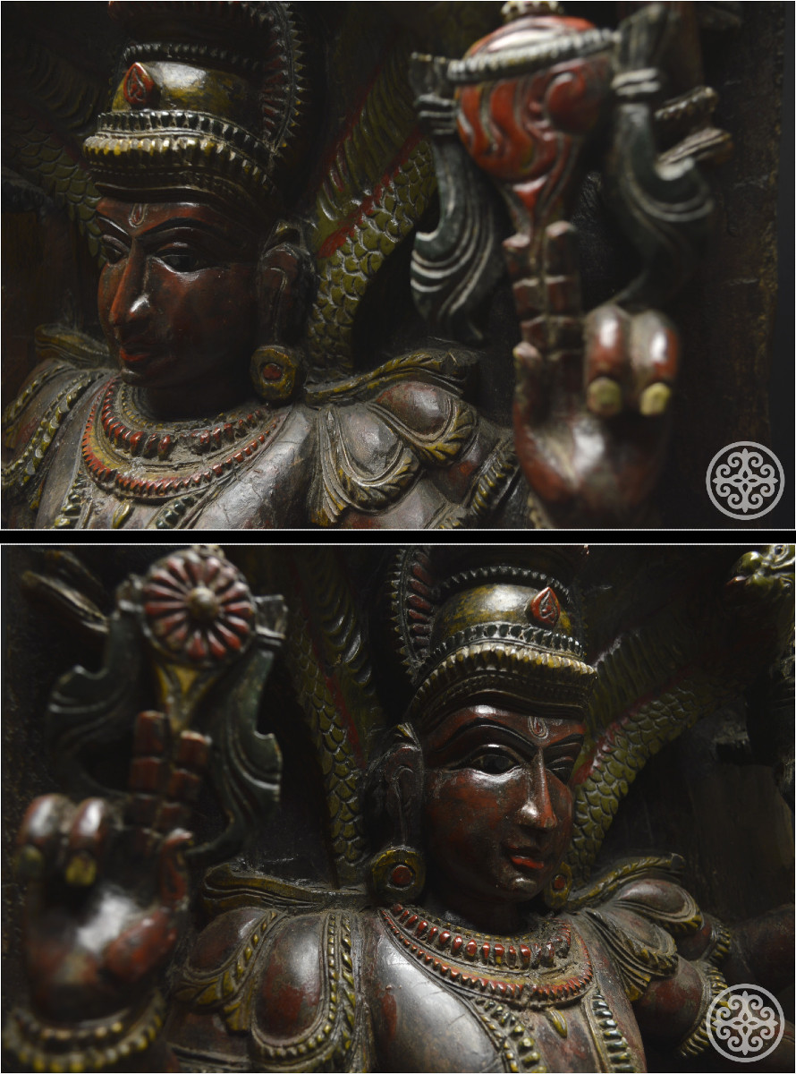 Inde, Fin XIXème - début XXème siècle, Grand panneau en bois polychrome représentant Vishnou-photo-4