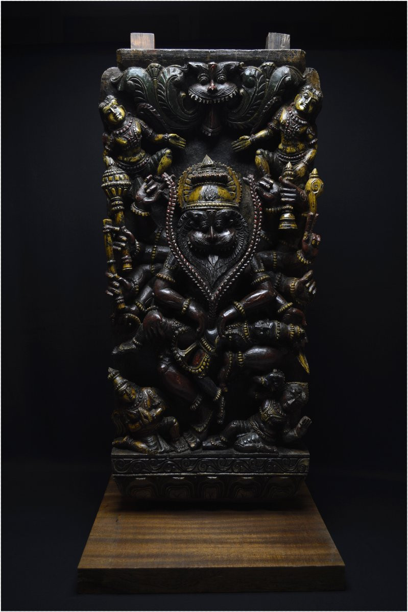 Inde, Fin XIXème - début XXème siècle, Grand panneau en bois polychrome représentant Narasimha-photo-2