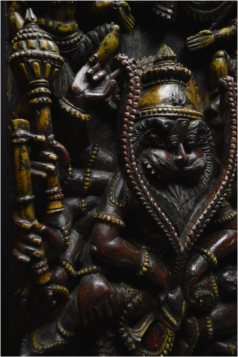 Inde, Fin XIXème - début XXème siècle, Grand panneau en bois polychrome représentant Narasimha-photo-5