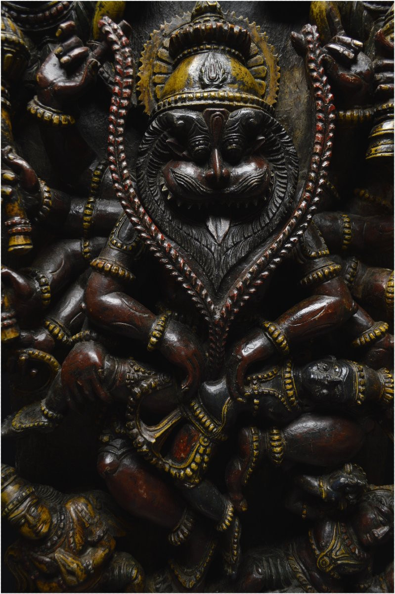 Inde, Fin XIXème - début XXème siècle, Grand panneau en bois polychrome représentant Narasimha-photo-6