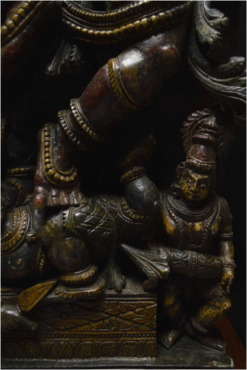 Inde, Fin XIXème - début XXème siècle, Grand panneau en bois polychrome représentant Varaha-photo-3