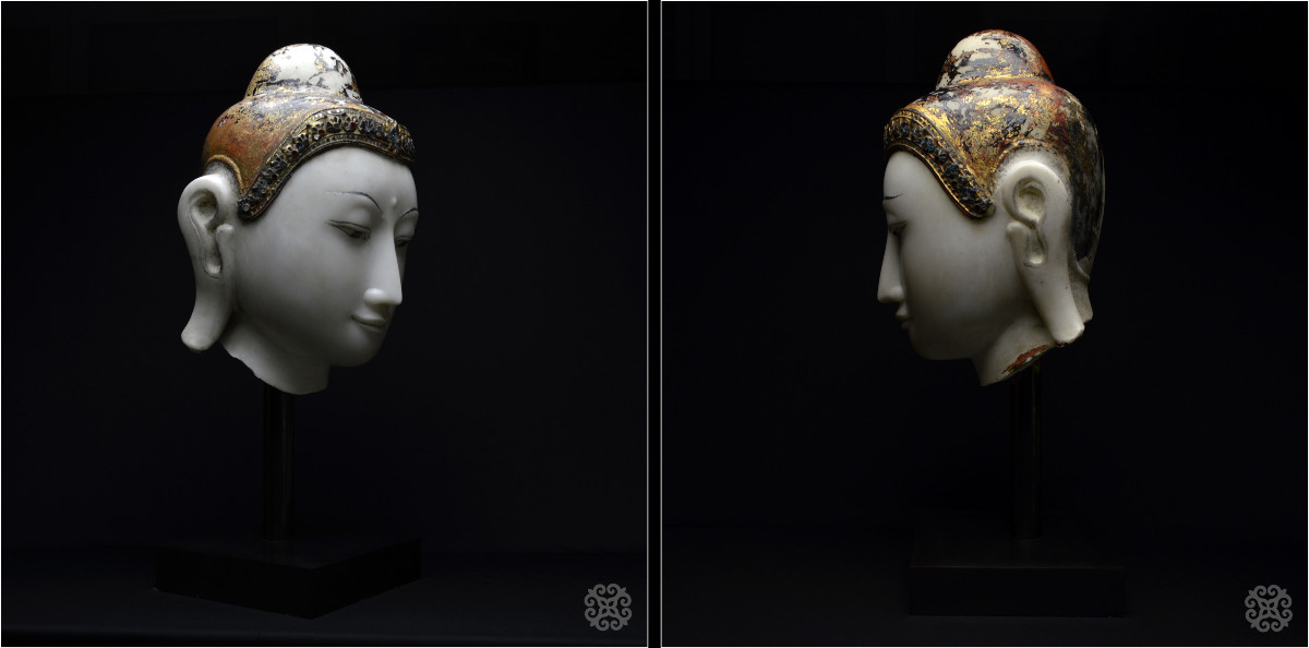 Burma, Konbaung Dynasty (1752 - 1885), Large Buddha Head, Lacquered And Gilded Marble-photo-4