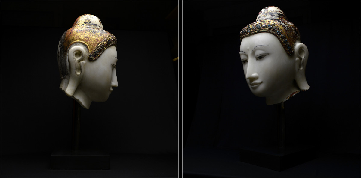 Birmanie, Dynastie Konbaung (1752 - 1885), Grande tête de Bouddha, Marbre laqué et doré-photo-1
