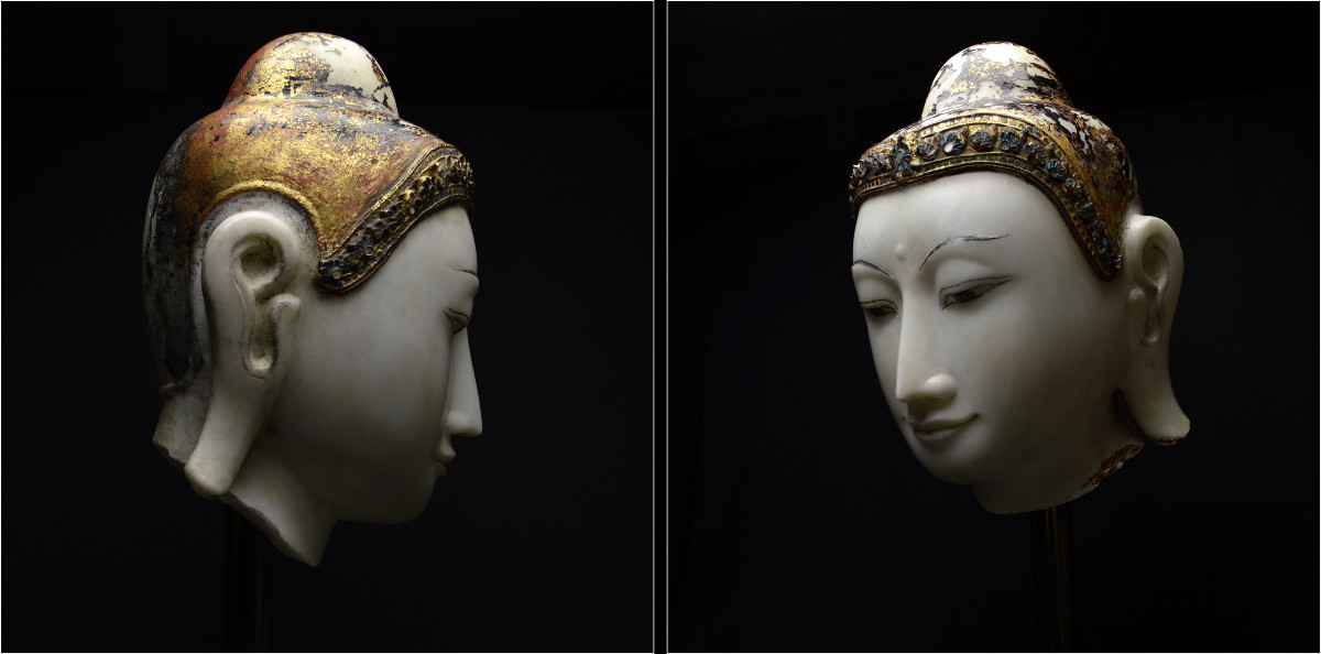 Birmanie, Dynastie Konbaung (1752 - 1885), Grande tête de Bouddha, Marbre laqué et doré-photo-4