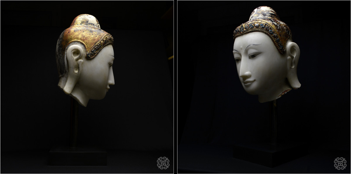 Burma, Konbaung Dynasty (1752 - 1885), Large Buddha Head, Lacquered And Gilded Marble-photo-1