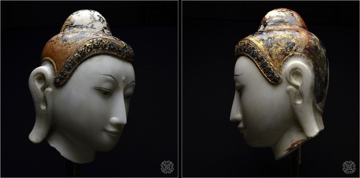Burma, Konbaung Dynasty (1752 - 1885), Large Buddha Head, Lacquered And Gilded Marble-photo-3