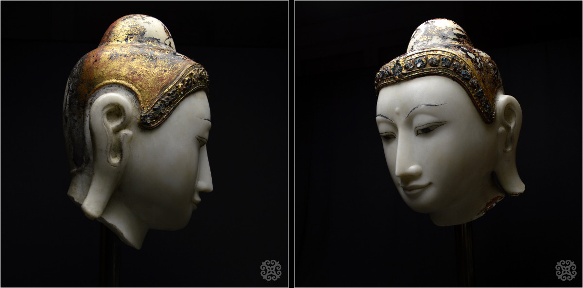 Burma, Konbaung Dynasty (1752 - 1885), Large Buddha Head, Lacquered And Gilded Marble-photo-4