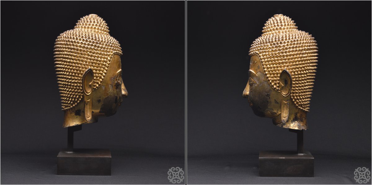 Former Kingdom Of Siam, Ayutthaya, 16th–17th Centuries, Buddha Head In Lacquered And Gilded Bronze-photo-3