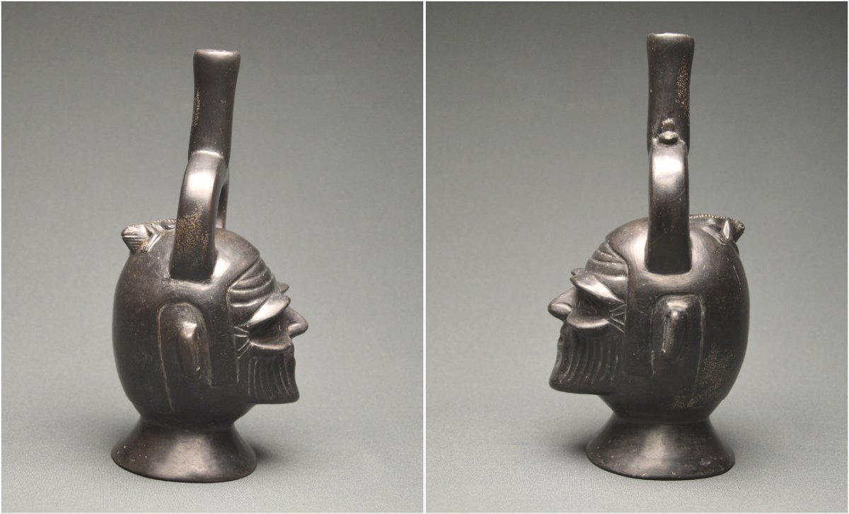 Pérou / Culture Chimú, 1400 - 1521 ap J. -C. / Vase étrier céphalomorphe en céramique vernissée -photo-6