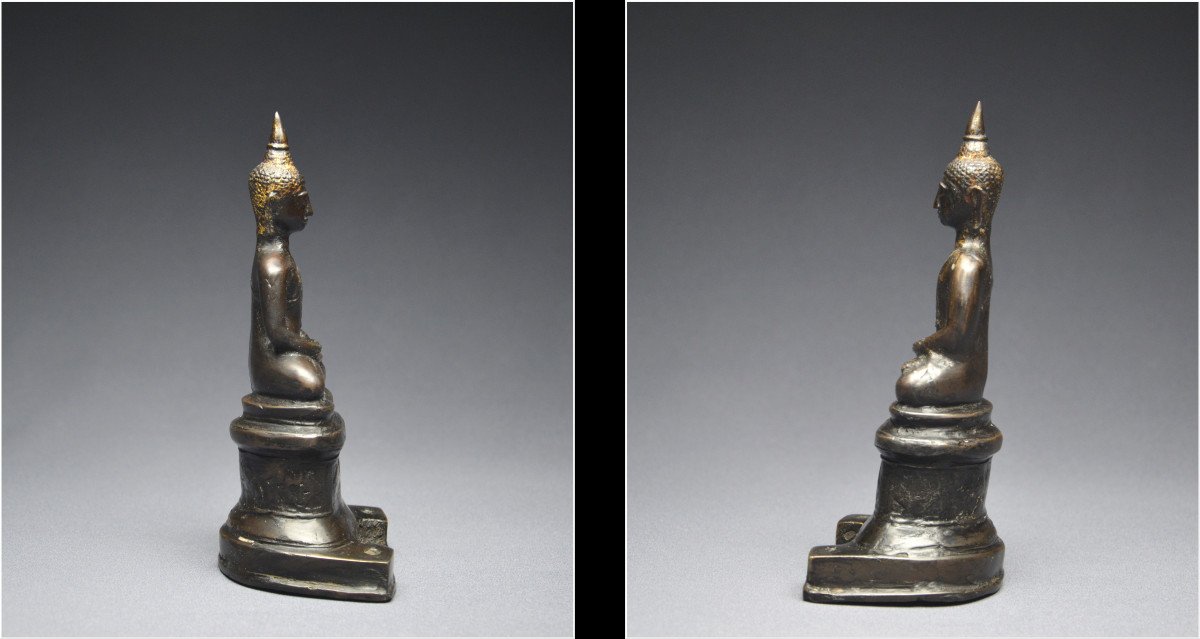 Ancien Royaume de Siam, XVIème - XVIIème siècle, Bouddha en bronze à patine sombre et traces de dorure-photo-3