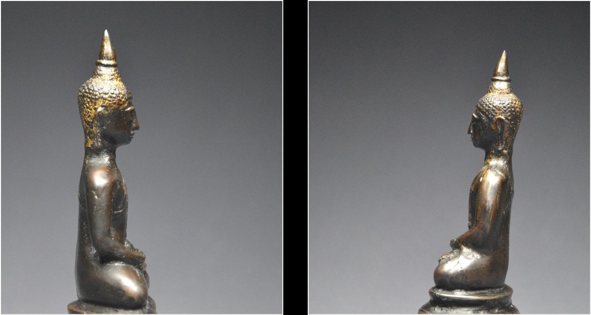 Ancien Royaume de Siam, XVIème - XVIIème siècle, Bouddha en bronze à patine sombre et traces de dorure-photo-4