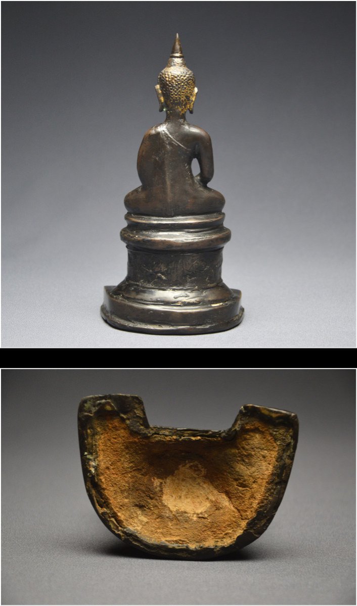 Ancien Royaume de Siam, XVIème - XVIIème siècle, Bouddha en bronze à patine sombre et traces de dorure-photo-8