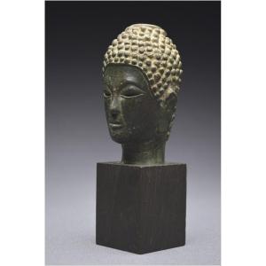 Laos, 16th - 17th Century, Small Bronze Buddha Head With Dark Patina