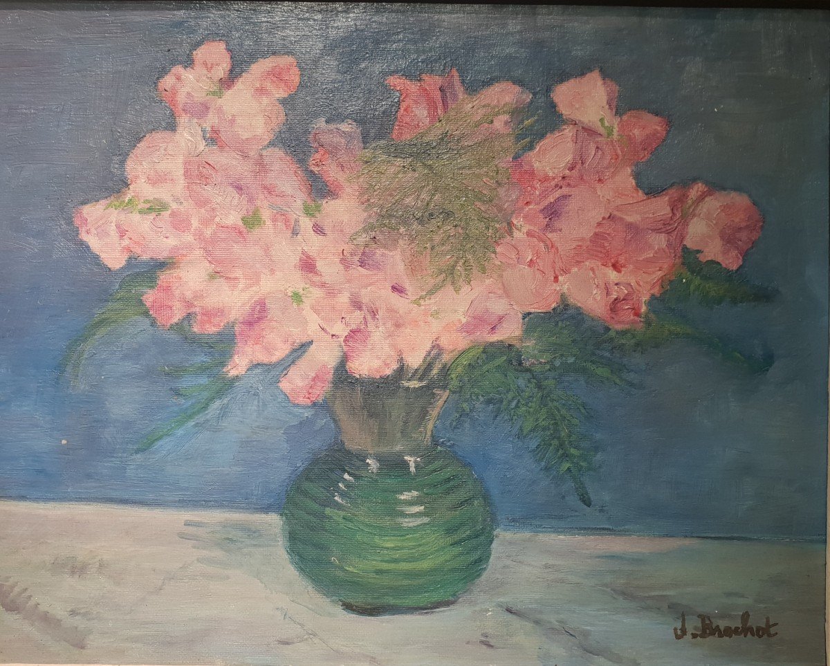Table Bouquet Of Pink Flowers. Signed J. Brochot.