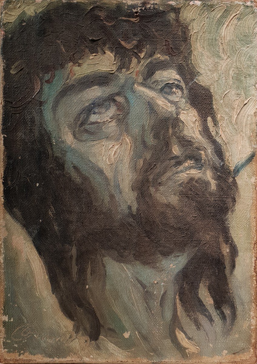 Oil Painting On Canvas, Bust Of Christ, Signed, Circa 1950-60-photo-2