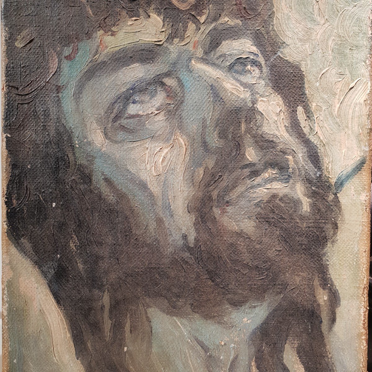 Tableau Huile Sur Toile, Buste De Christ, Signé, Vers 1950-60