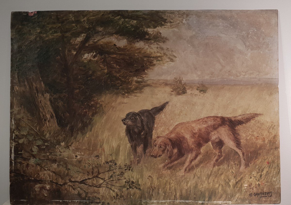 Painting Hunting Dog, Meadow, Signed Gautherot. Early 20th Century